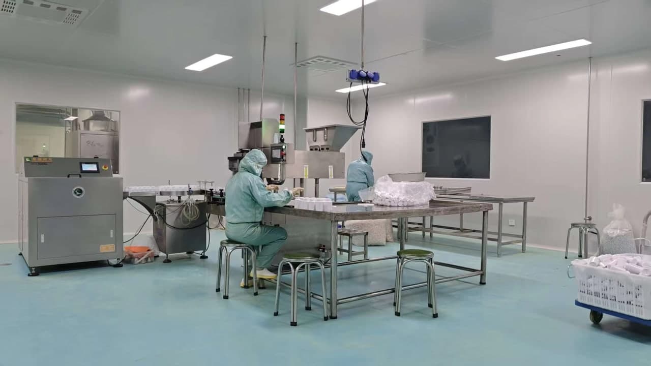 داخل صالة إنتاج المكملات الغذائية مع معدات من الفولاذ المقاوم للصدأ