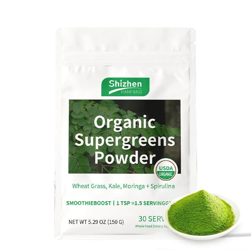 OEM Supergreens Powder - USDA Certified Wheat Grass Kale Moringa 150g 30 Servings Dietary Supplement