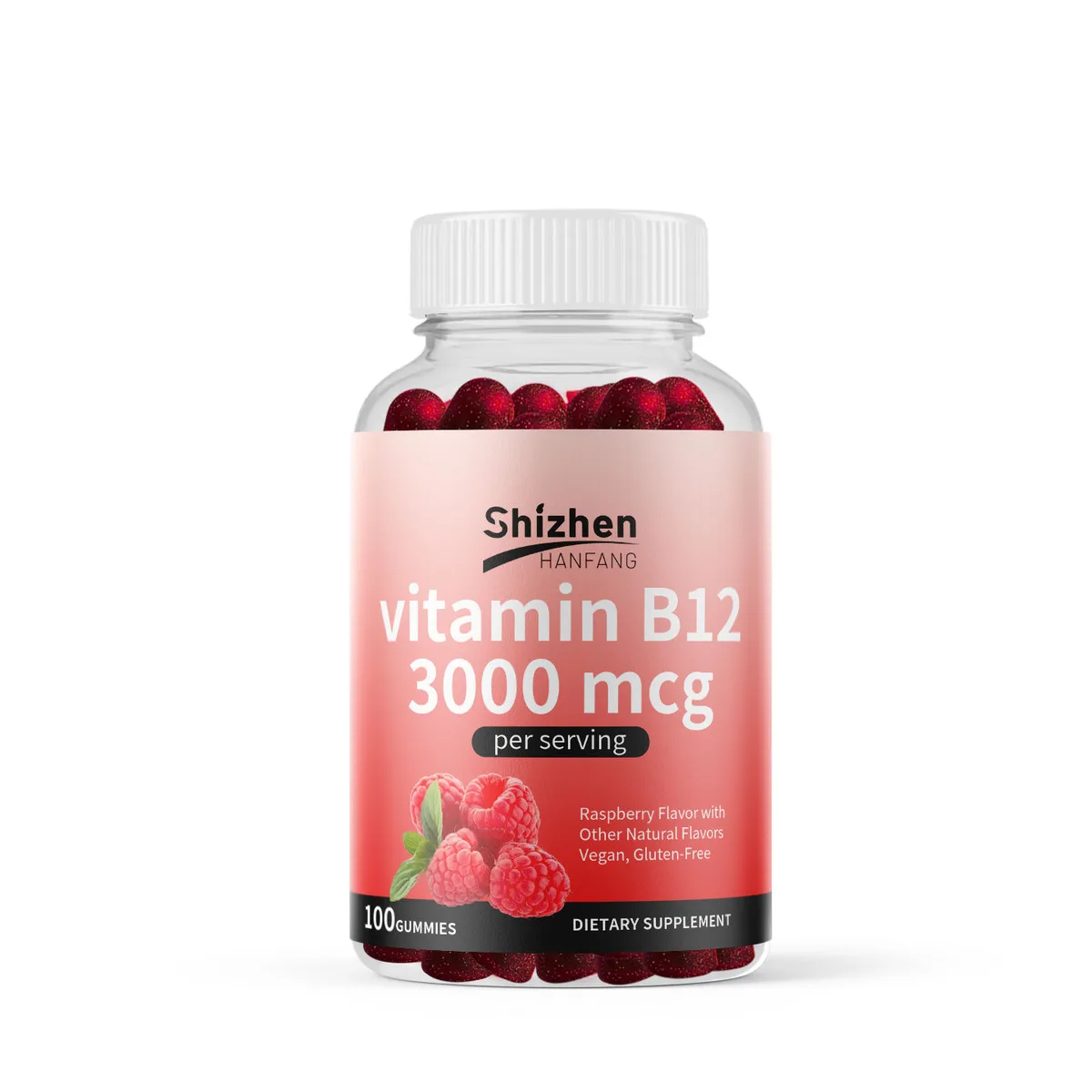 OEM ODM High-potency Vitamin B12 3000mcg Gummies Raspberry-flavored Vegan Gluten-free Supplement Safety-Sealed Packaging