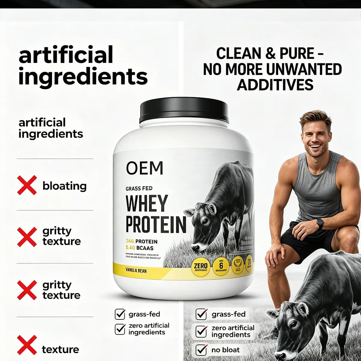 Grass Fed Whey Protein Powder 24g Protein 5.4g BCAAs Zero Artificial Ingredients No Bloat Vanilla Bean