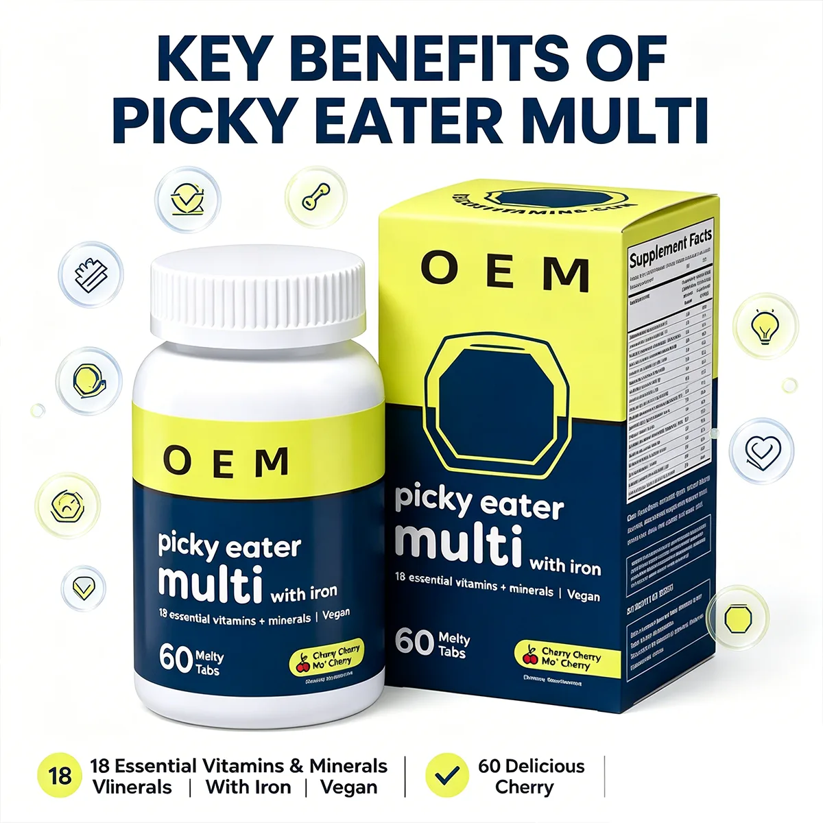 OEM Picky Eater Multi with Iron, 18 Vitamins Minerals Vegan Chewable Tabs, Cherry Flavor 60 Count for Kids