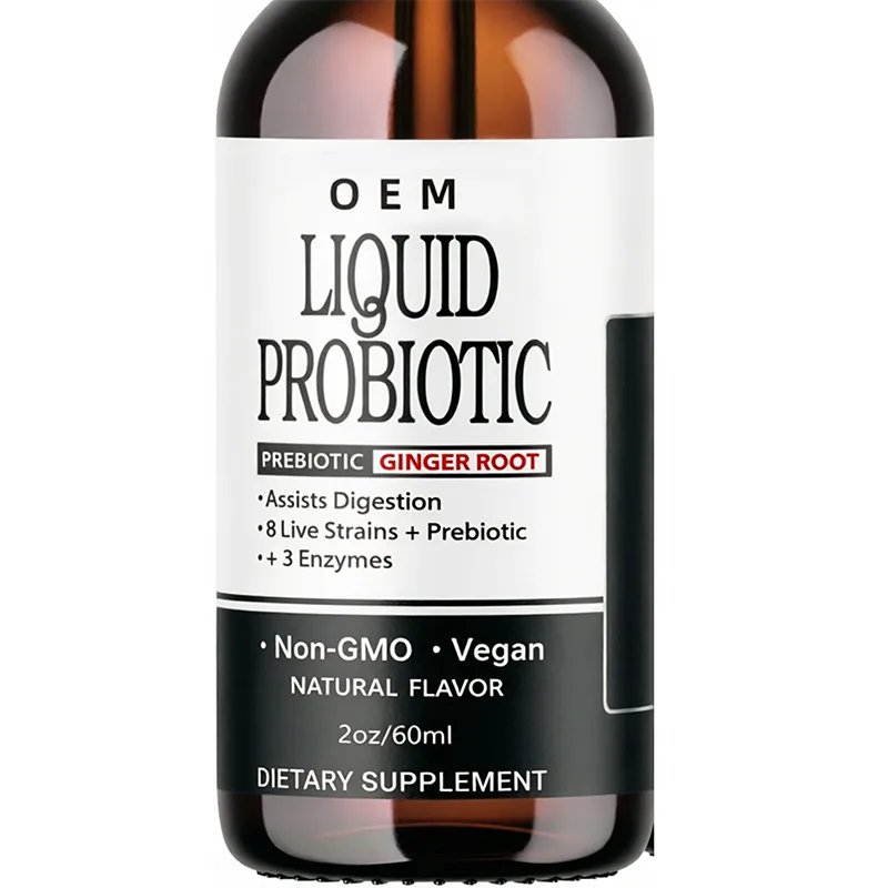 OEM Liquid Probiotic Prebiotic with Ginger Root 8 Live Strains 3 Enzymes Non GMO Vegan 2oz 60ml
