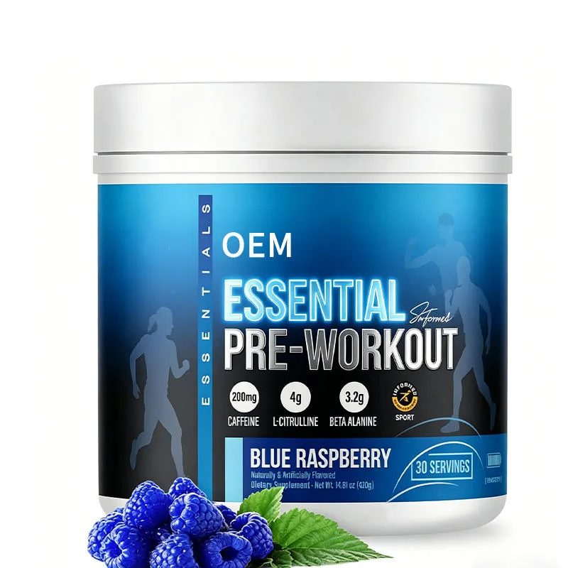 Essential Pre Workout Blue Raspberry Flavor 30 Servings Energy Focus Endurance Support Powder OEM Dietary Sports Supplement