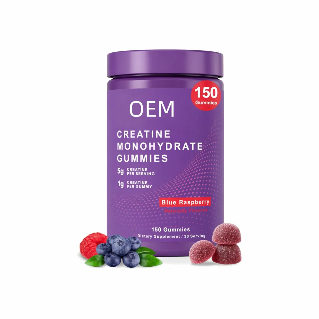 Creatine Monohydrate Gummies Blue Raspberry Flavor 5g Per Serving 1g Per Gummy 150 Gummies 30 Servings OEM Supplement