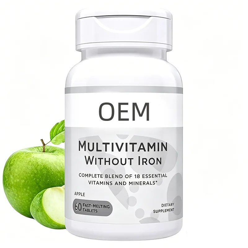 Multivitamin Without Iron with 18 Essential Vitamins and Minerals Apple Flavor 60 Fast Melting Tablets OEM Supplement