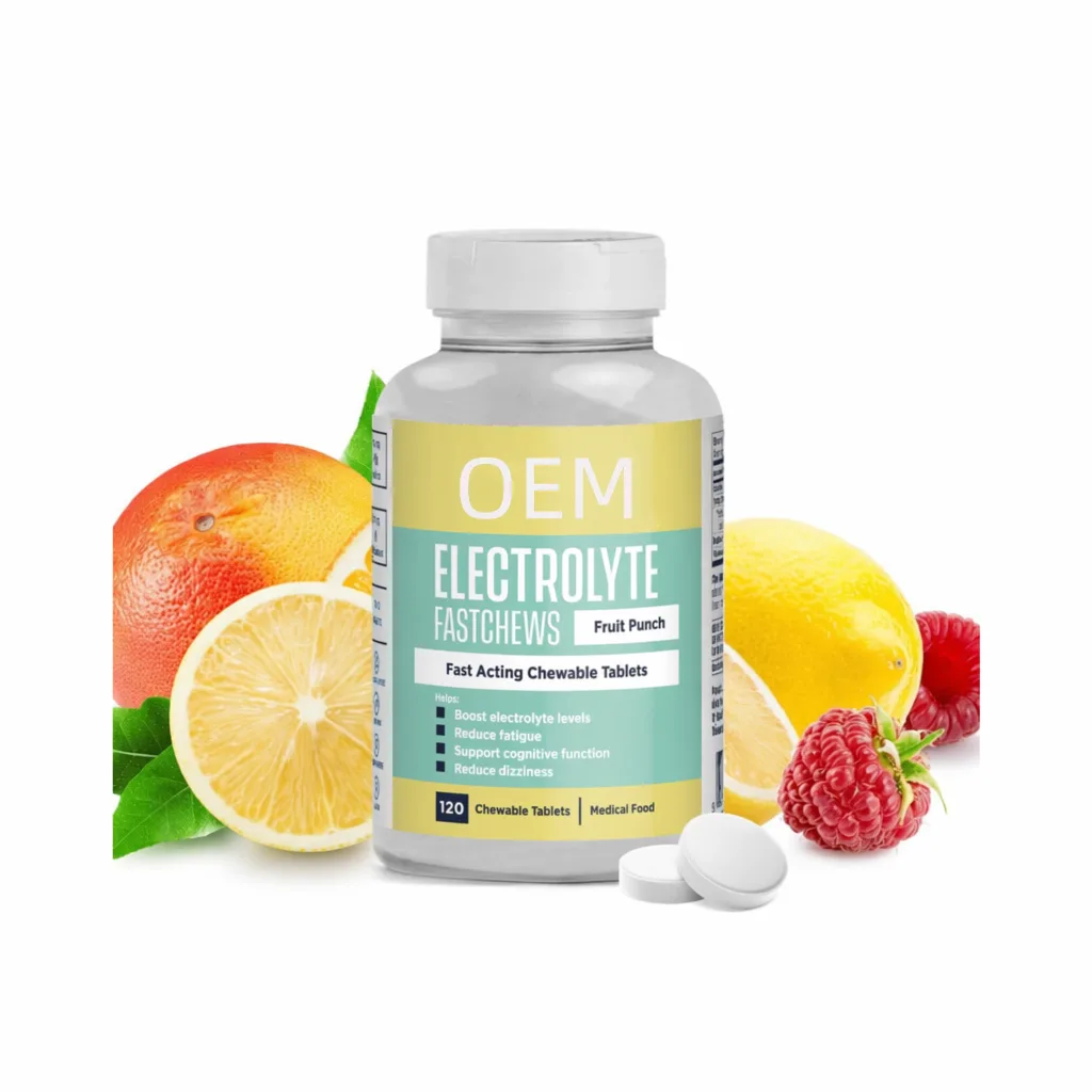 OEM Wholesale Fruit Punch Electrolyte Fastchews Chewable Tablets, Fast Acting Hydration Fatigue Relief Medical Food 120 Counts