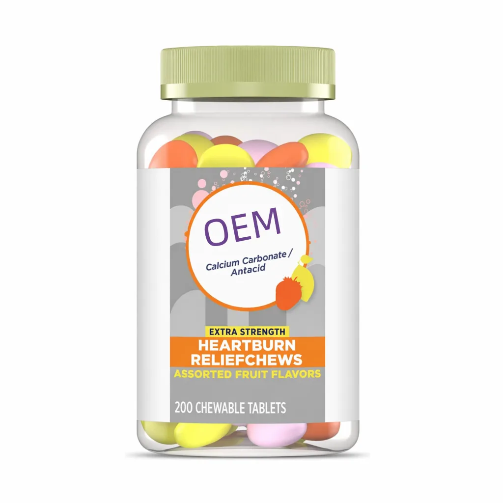 OEM Wholesale Extra Strength Heartburn Relief Chews, Calcium Carbonate Antacid Assorted Fruit Flavor Chewable Tablets 200 Counts
