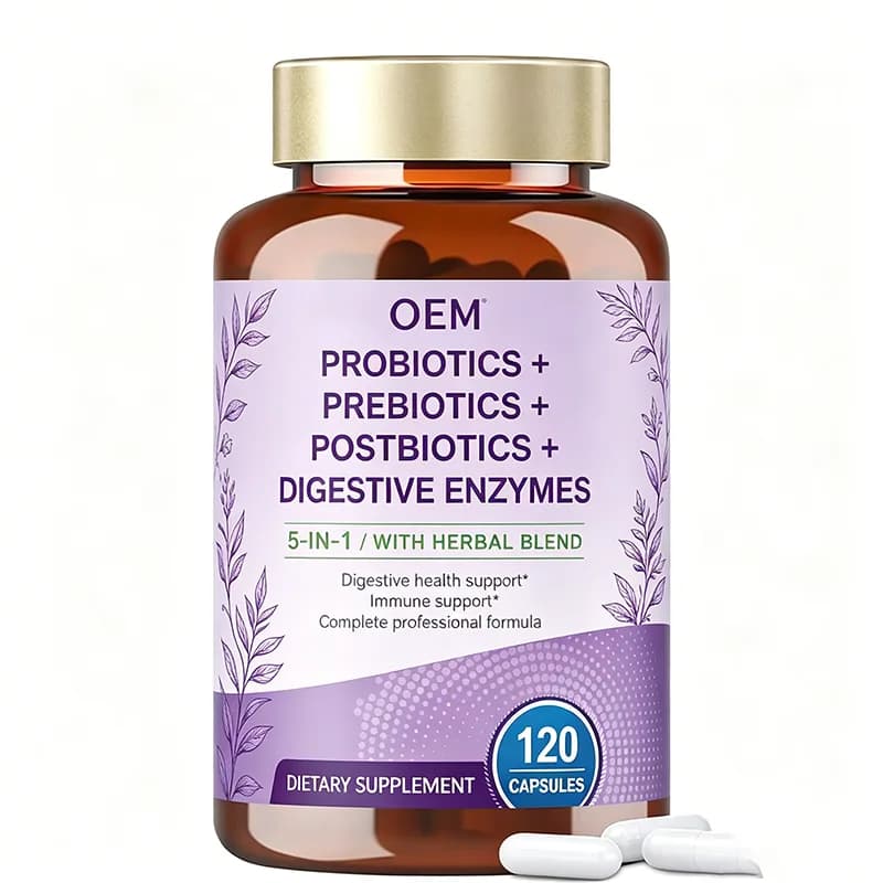 Probiotics Prebiotics Postbiotics and Digestive Enzymes 5 in 1 with Herbal Blend 120 Capsules OEM Supplement