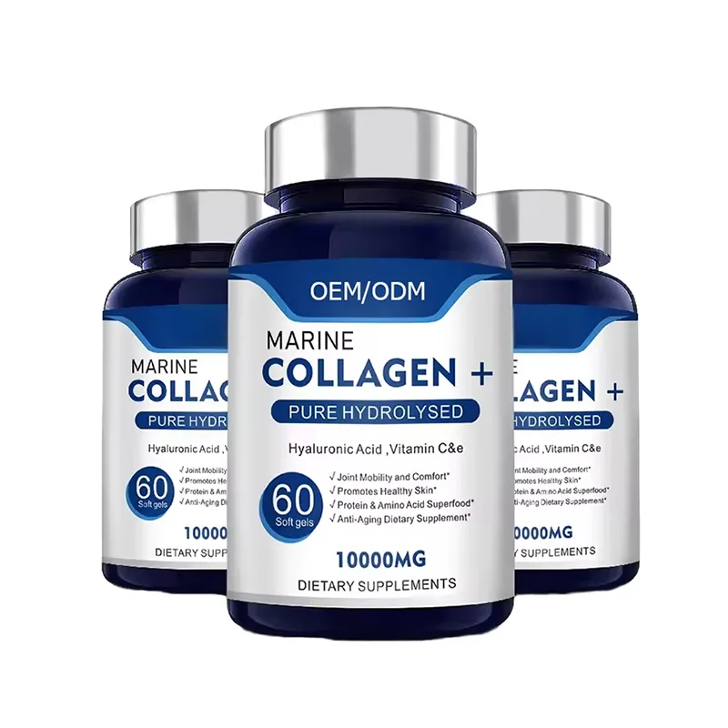 Bulk OEM 10000mg Hydrolysed Marine Collagen Softgels Infused HA Vitamin C & E for Youthful Skin Joint Comfort