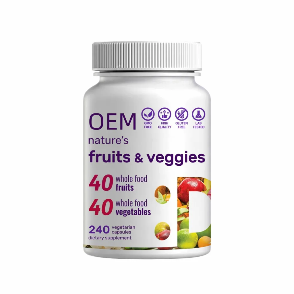 Whole Food Fruits and Veggies Capsules 40 Fruits 40 Vegetables 240 Count Non GMO Gluten Free Lab Tested OEM Supplement