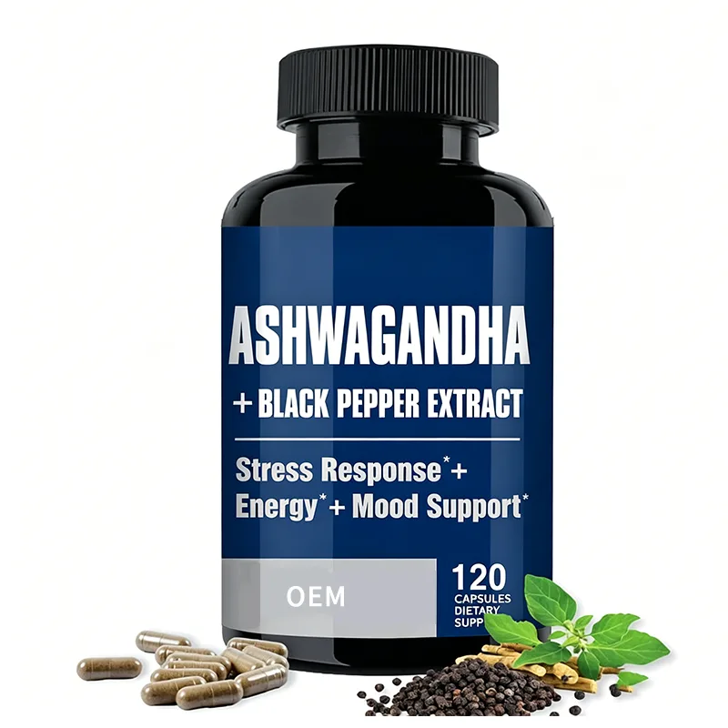 Ashwagandha with Black Pepper Extract Capsules 120 Count OEM Supplement for Stress Energy and Mood Support