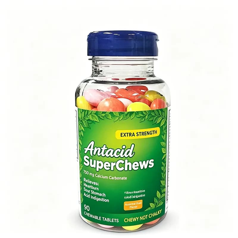 Extra Strength Antacid SuperChews 90 Chewable Tablets OEM Supplement for Heartburn Sour Stomach and Acid Indigestion Relief