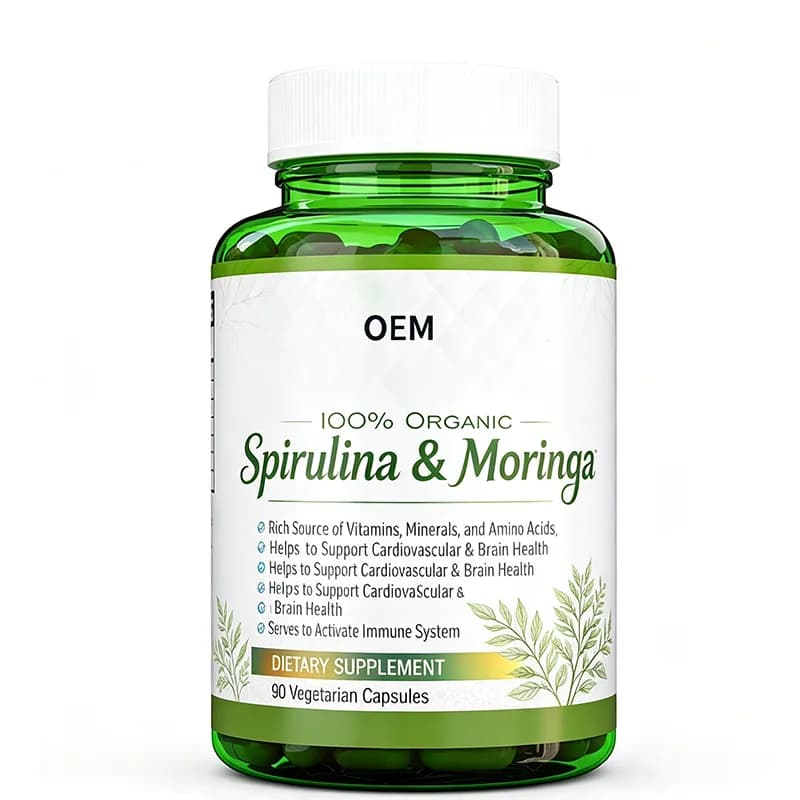 Private Label Wholesale Spirulina Moringa Capsules 90ct Plant Algae Superfood Cognitive Immune System Boost Bulk Supply