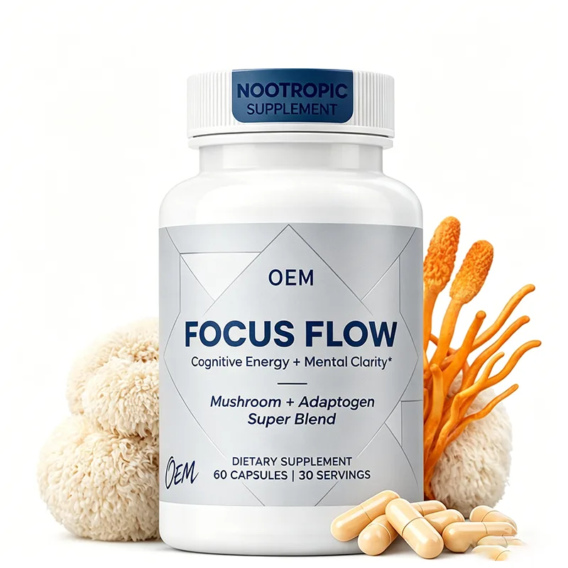 Focus Flow Nootropic Supplement Capsules 60 Count 30 Servings Mushroom and Adaptogen Super Blend OEM Supplement
