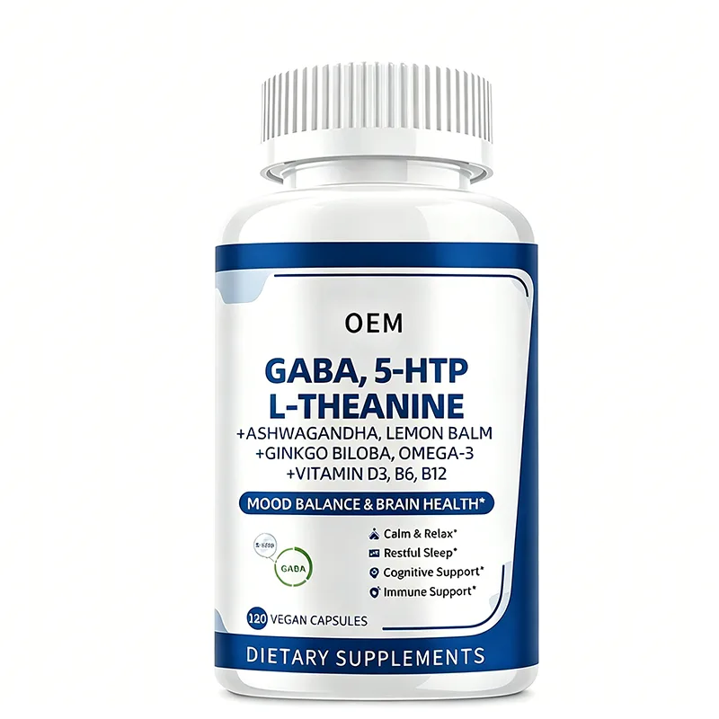 GABA 5 HTP L Theanine with Ashwagandha Lemon Balm Ginkgo Biloba Omega 3 and Vitamins D3 B6 B12 120 Vegan Capsules OEM Supplement