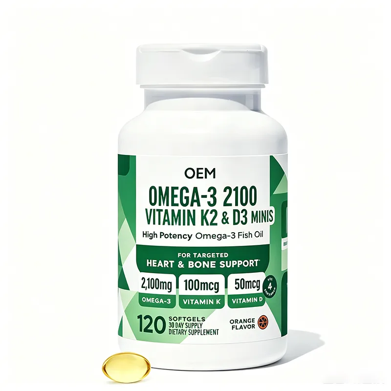 Omega 3 2100mg with Vitamin K2 100mcg and D3 50mcg Mini Softgels 120 Count 30 Day Supply Orange Flavor OEM Supplement