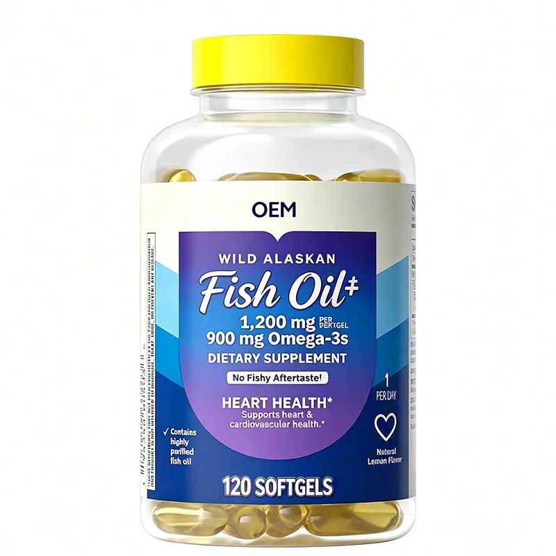 Wild Alaskan Fish Oil 1200mg with 900mg Omega 3s Lemon Flavor 120 Softgels No Fishy Aftertaste OEM Supplement for Heart Health