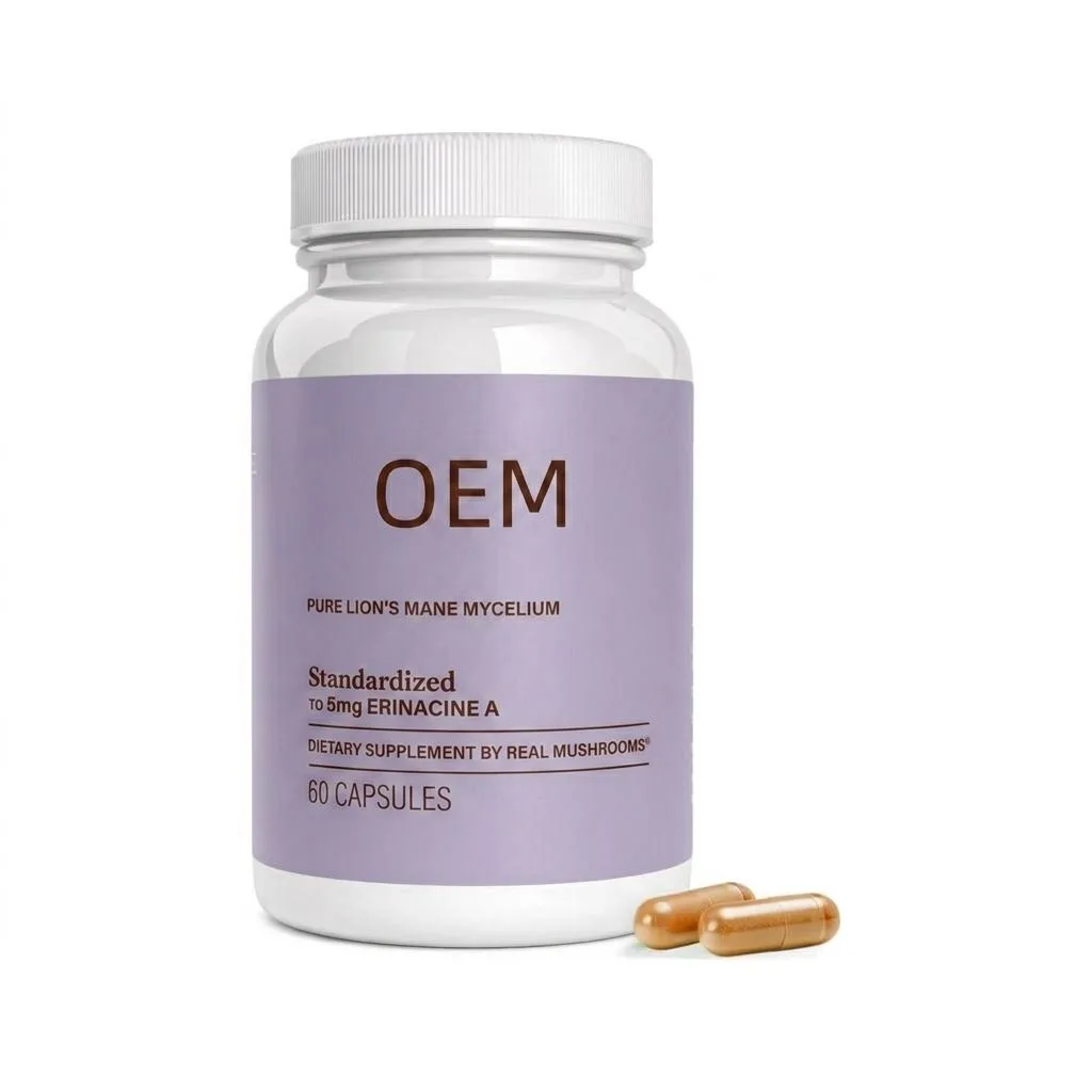 Pure Lion's Mane Mycelium Capsules 60 Count Standardized to 5mg Erinacine a OEM Supplement for Cognitive Wellness