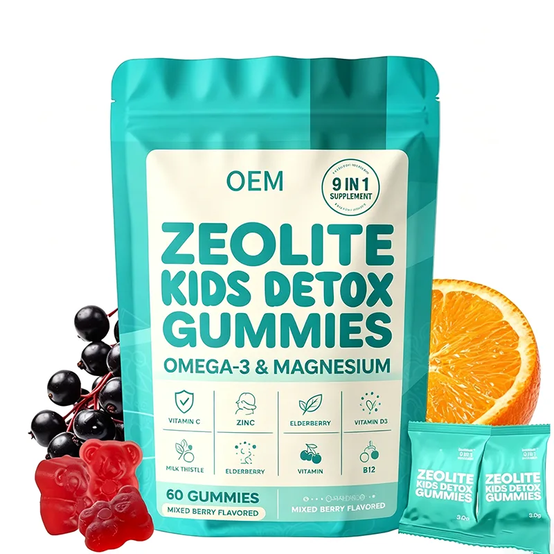 OEM 9 in 1 Zeolite Kids Detox Gummies Omega-3 Magnesium Vitamin C D3 Zinc Elderberry Milk Thistle Mixed Berry Flavor