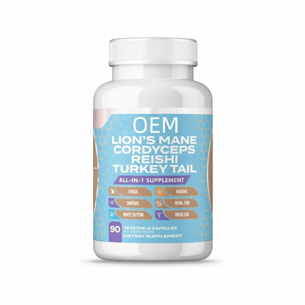 All in 1 Mushroom Supplement Capsules 90 Count 45 Servings with Lions Mane Cordyceps Reishi Turkey Tail and More OEM Product