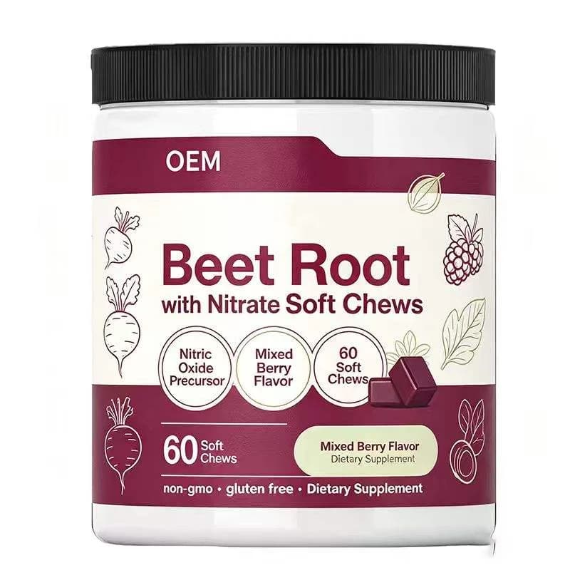 Beet Root with Nitrate Soft Chews Mixed Berry Flavor 60 Count Non GMO Gluten Free OEM Supplement for Nitric Oxide Support