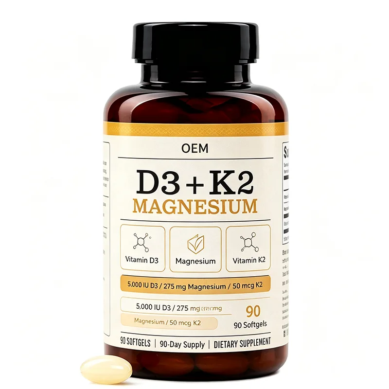 Vitamin D3 K2 and Magnesium Softgels 90 Count 90 Day Supply with 5000 IU D3 275mg Magnesium 50mcg K2 OEM Supplement