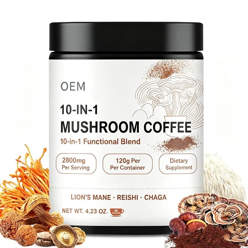 OEM 10-in-1 Mushroom Coffee Powder 120g 2800mg Per Serving Lion's Mane Reishi Chaga Functional Mushroom Dietary Supplement