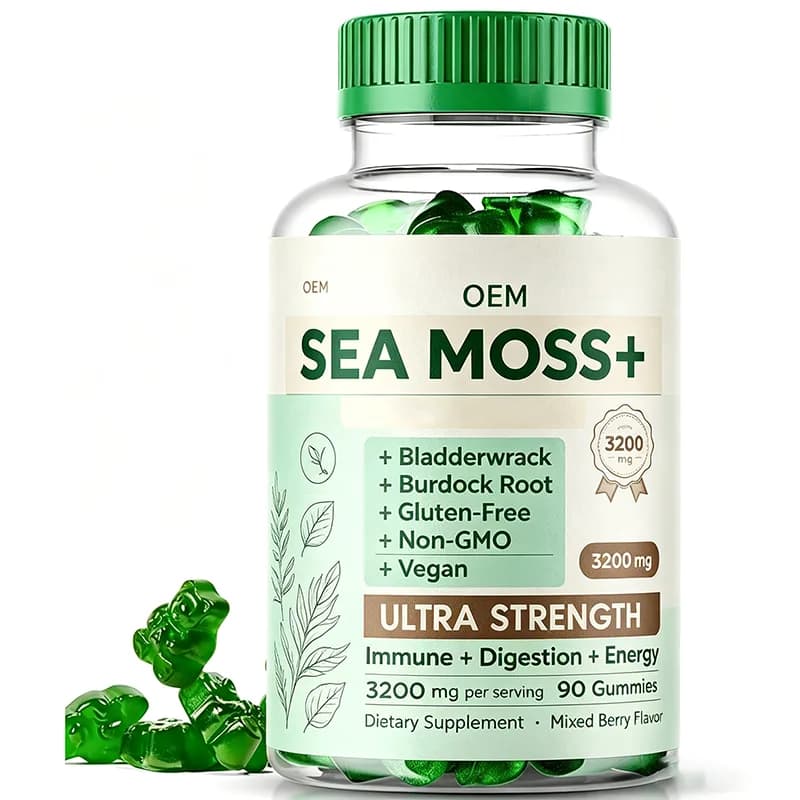 OEM Ultra Strength Sea Moss Gummies 3200mg 90 Count Bladderwrack Burdock Root Vegan Mixed Berry Immune Digestion Energy