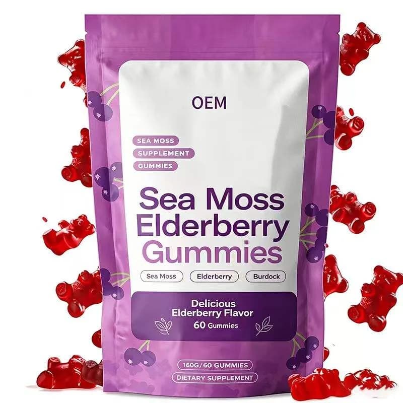 OEM Elderberry Flavor Sea Moss Elderberry Gummies 160g 60 Count Blend With Burdock Fruit Flavored Chewable Candy