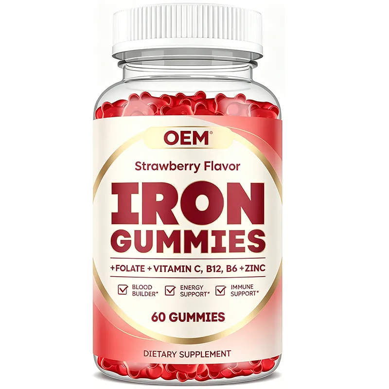 OEM Strawberry Flavor Iron Gummies 60 Count With Folate Vitamin C B12 B6 Zinc Blood Energy Immune Support Dietary Supplement