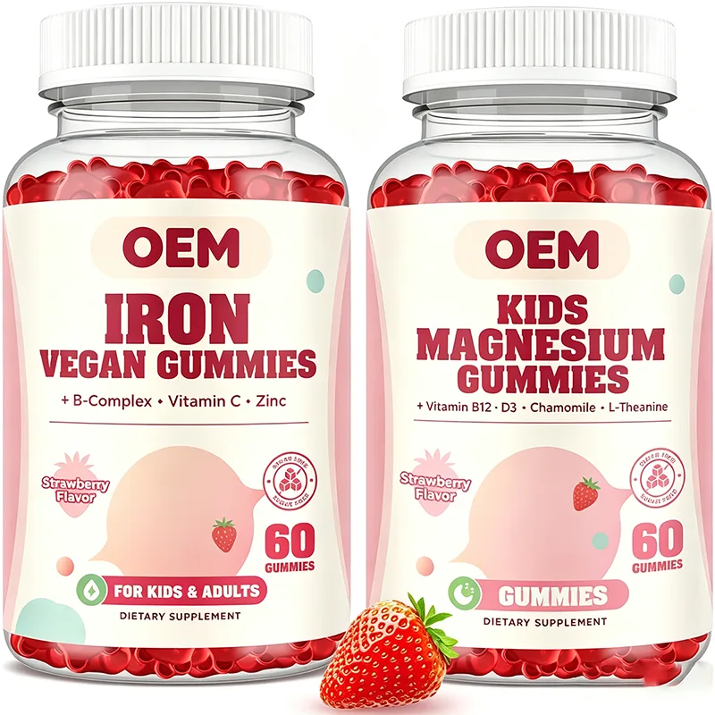 OEM Strawberry Vegan Iron & Kids Magnesium Gummies 60 Count Each Multivitamin Mineral Supplement for Adults & Children