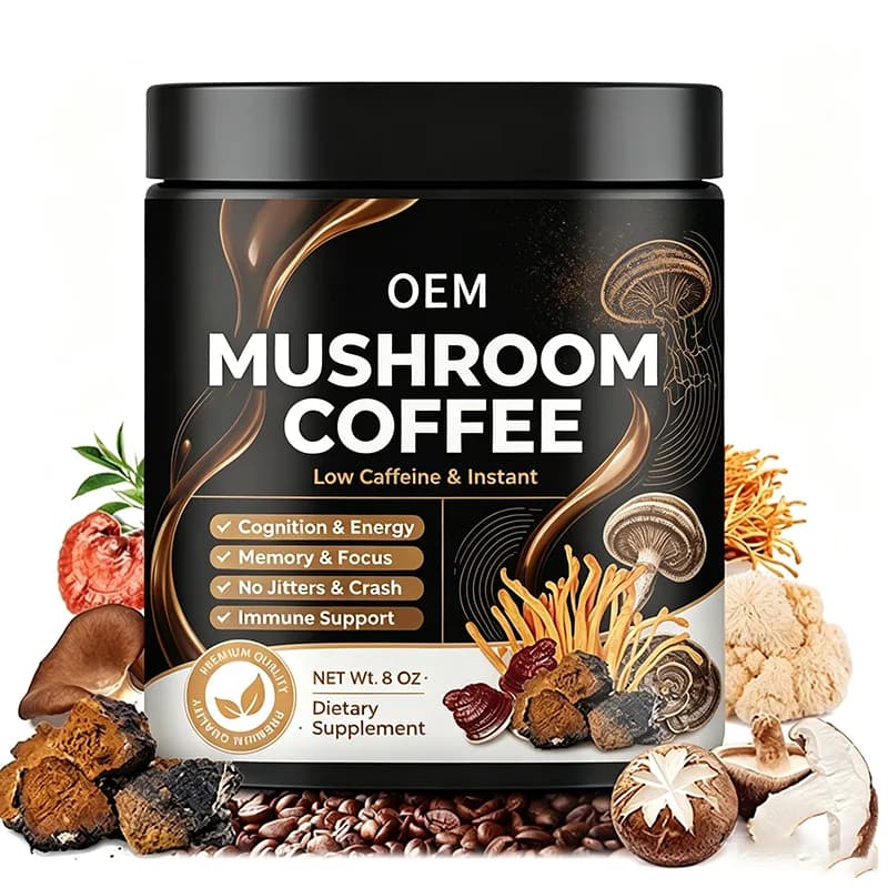 Mushroom Coffee Low Caffeine Instant Powder 8oz Net Wt OEM Supplement for Cognition Energy Memory Focus and Immune Support
