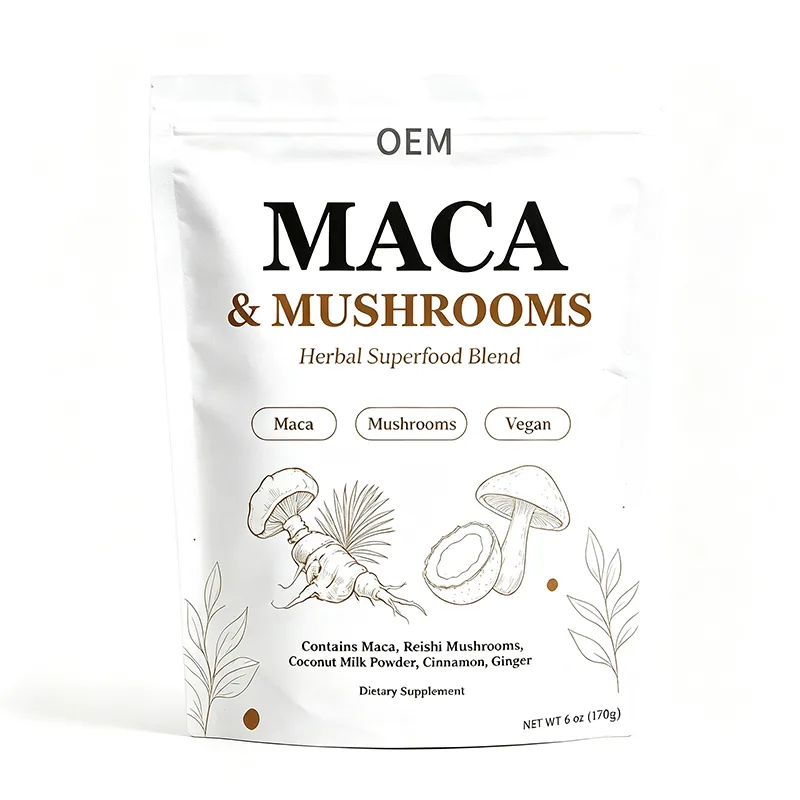 Maca and Mushrooms Blend Powder 6oz 170g Net Wt with Reishi Coconut Milk Cinnamon Ginger Vegan OEM Supplement