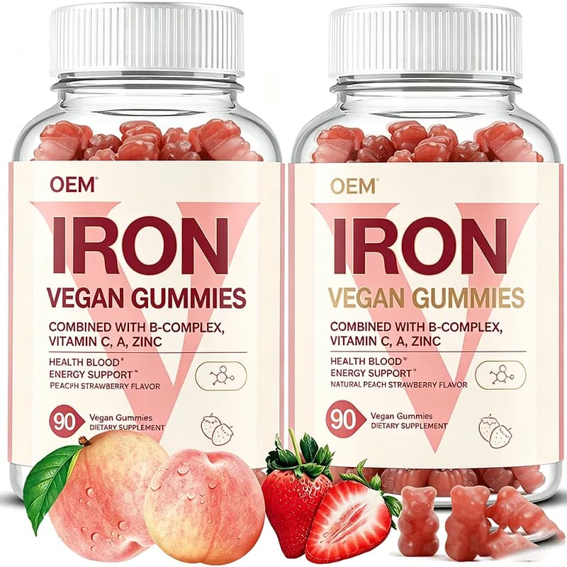 Iron Vegan Gummies with B Complex Vitamin C a and Zinc Natural Peach Strawberry Flavor 90 Count OEM Supplement for Blood