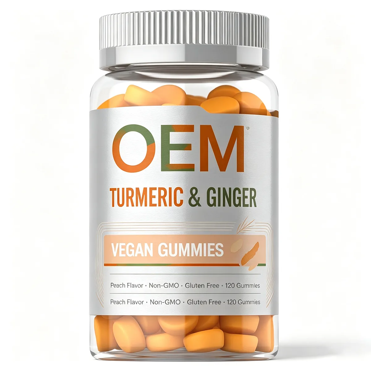 Turmeric and Ginger Vegan Gummies Peach Flavor Non GMO Gluten Free 120 Count OEM Dietary Supplement