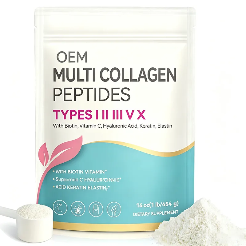 Multi Collagen Peptides Powder Types I III IV X with Biotin Vitamin C Hyaluronic Acid Keratin Elastin 454g OEM Supplement