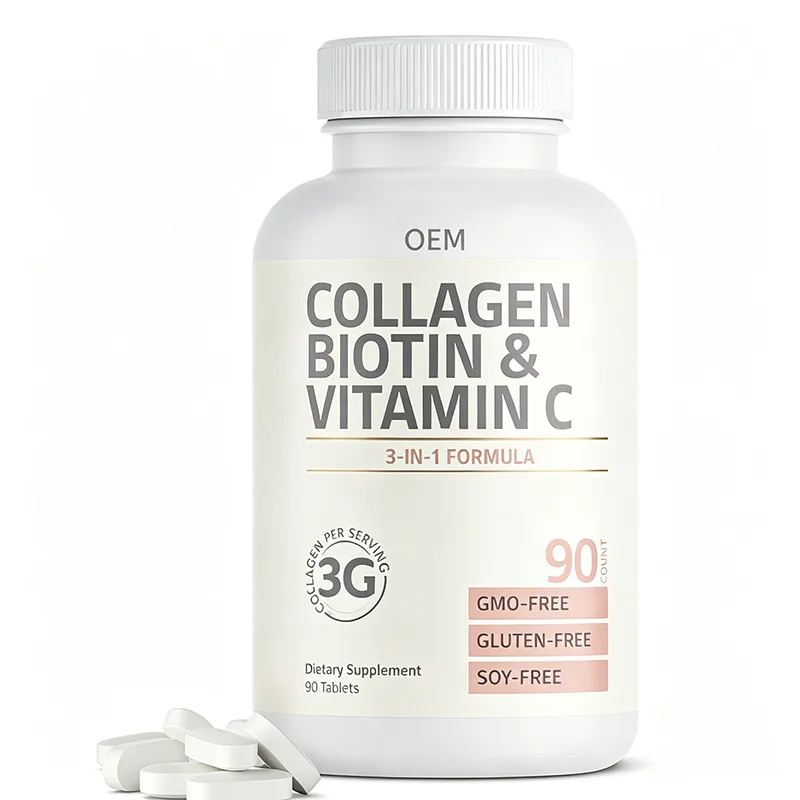 Collagen Biotin and Vitamin C 3 in 1 Formula 90 Tablets GMO Free Gluten Free Soy Free OEM Dietary Supplement