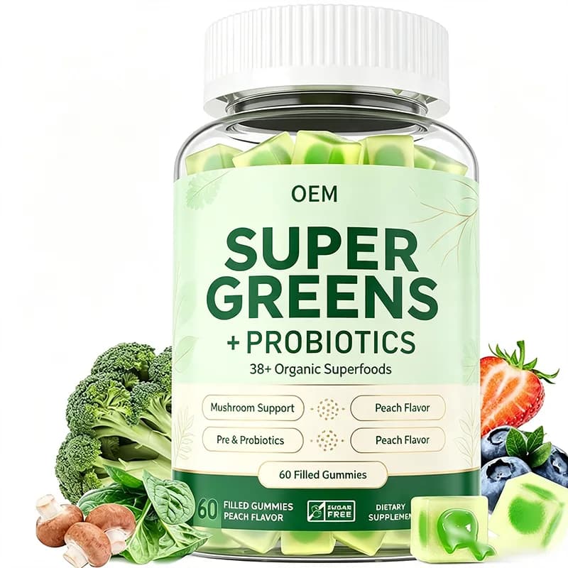 Super Greens Plus Probiotics Peach Flavor 60 Filled Gummies OEM Supplement for Daily Wellness Support