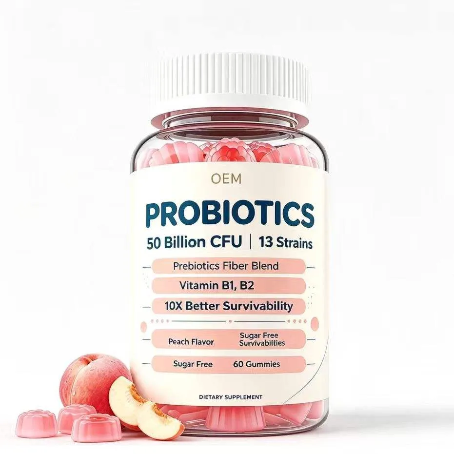 Probiotics 50 Billion CFU 13 Strains Prebiotics Fiber Blend Sugar Free Peach Flavor 60 Gummies OEM Supplement