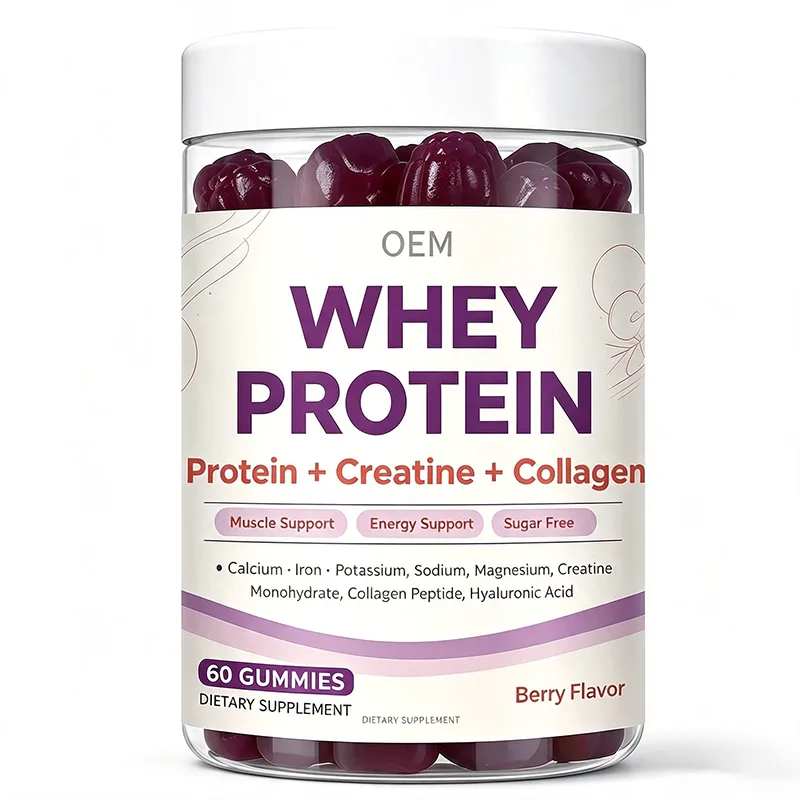 Whey Protein Gummies with Creatine Collagen and Hyaluronic Acid Berry Flavor 60 Count Sugar Free OEM Supplement