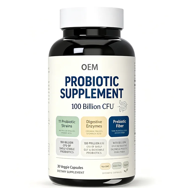 Probiotic Supplement 100 Billion CFU 30 Veggie Capsules with 11 Strains Prebiotic Enzymes Fiber Non GMO Gluten Free Vegan OEM