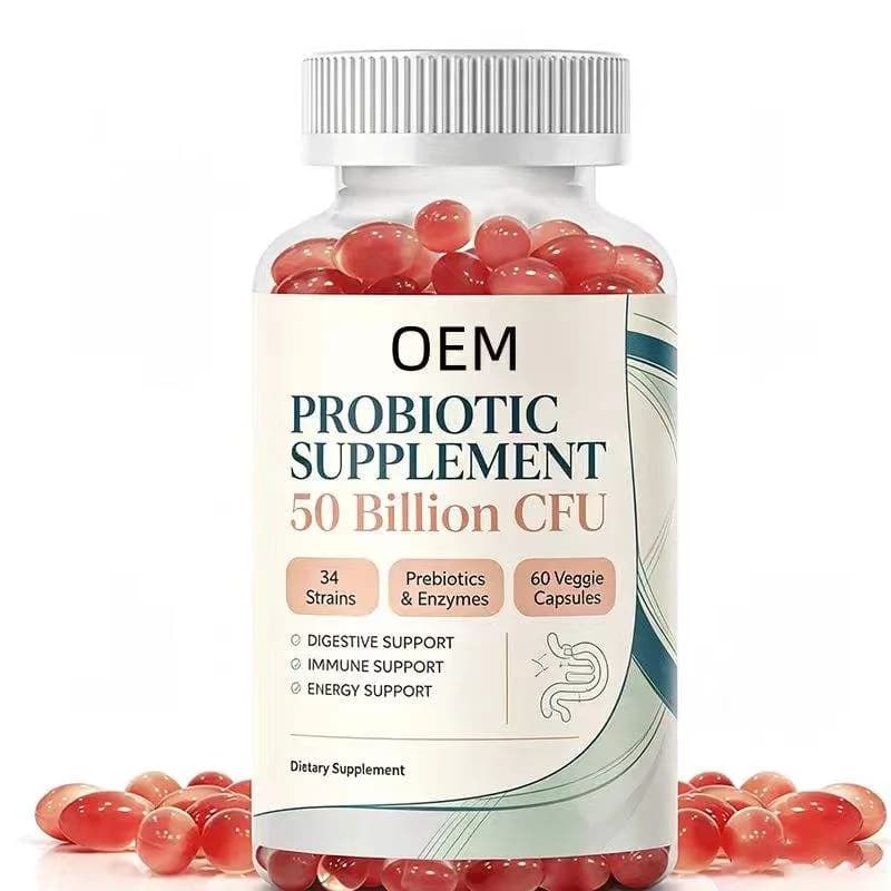 Probiotic Supplement 50 Billion CFU 34 Strains Prebiotics Enzymes 60 Veggie Capsules OEM for Digestive Immune and Energy Support