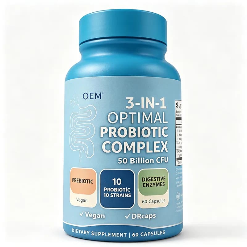 3 in 1 Optimal Probiotic Complex 50 Billion CFU 10 Strains Prebiotic Digestive Enzymes 60 Vegan DRcaps OEM Supplement