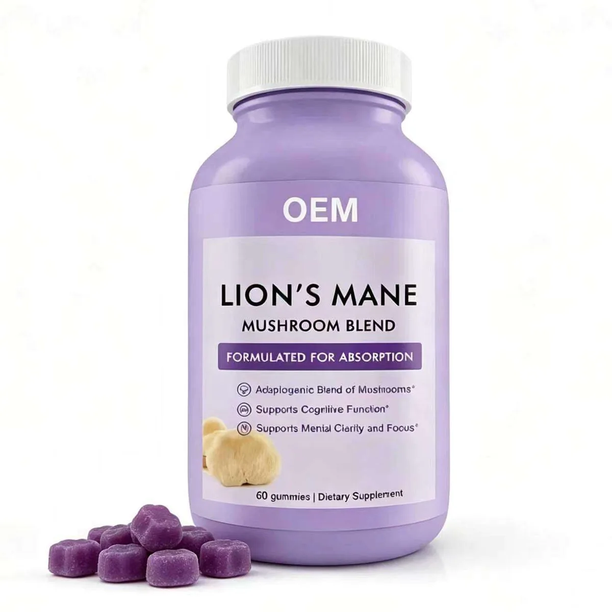 OEM Lion Mane Mushroom Blend Gummies 60 Counts Absorption Optimized Private Label Dietary Supplement