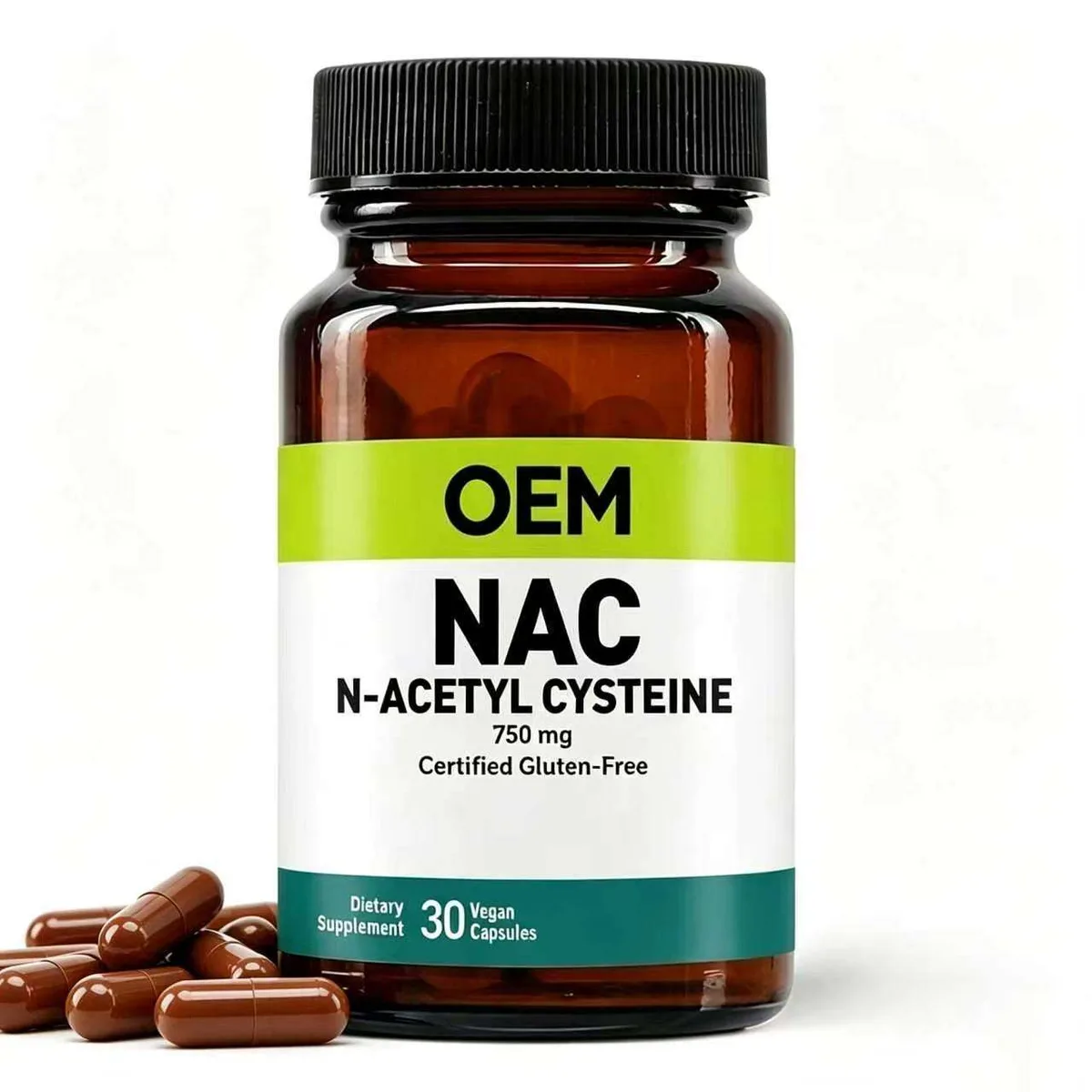 Private Label NAC N Acetyl Cysteine Capsule 750mg Per Serving 30 Vegan Caps Brown Glass Bottle Bulk OEM ODM Service