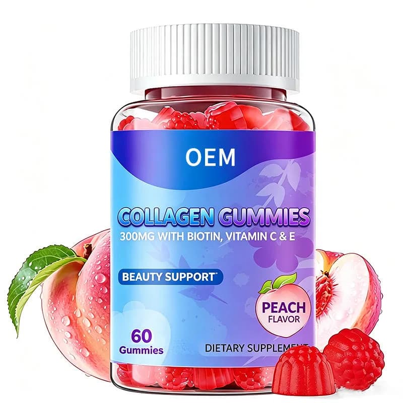Collagen Gummies 300mg with Biotin Vitamin C and E for Beauty Support Peach Flavor 60 Count OEM Dietary Supplement