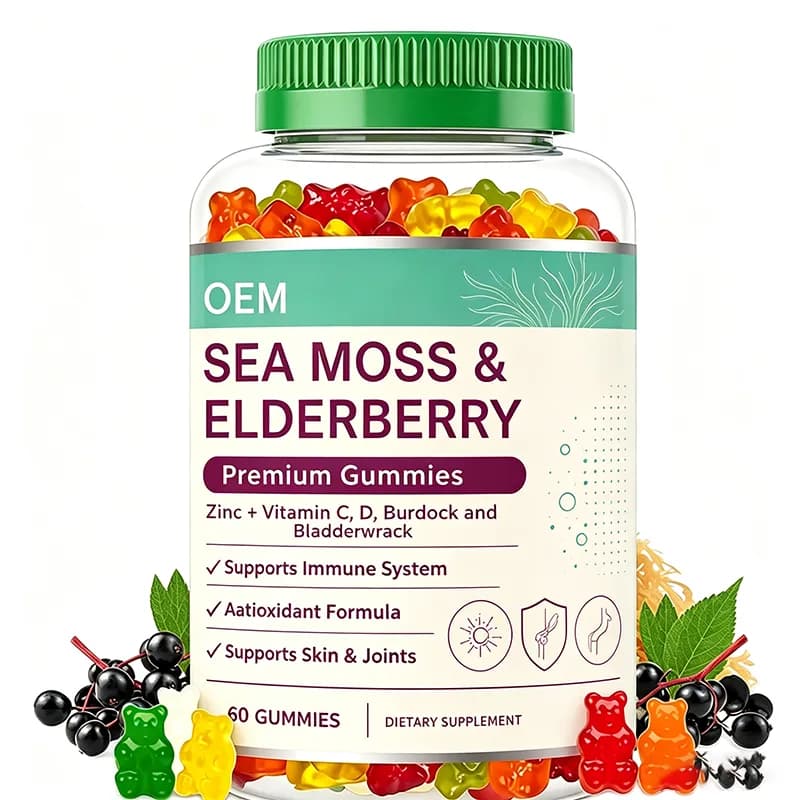 OEM Sea Moss & Elderberry Premium Gummies 60 Count Zinc VC VD Bladderwrack Burdock Immune Antioxidant Skin Joint Supplement