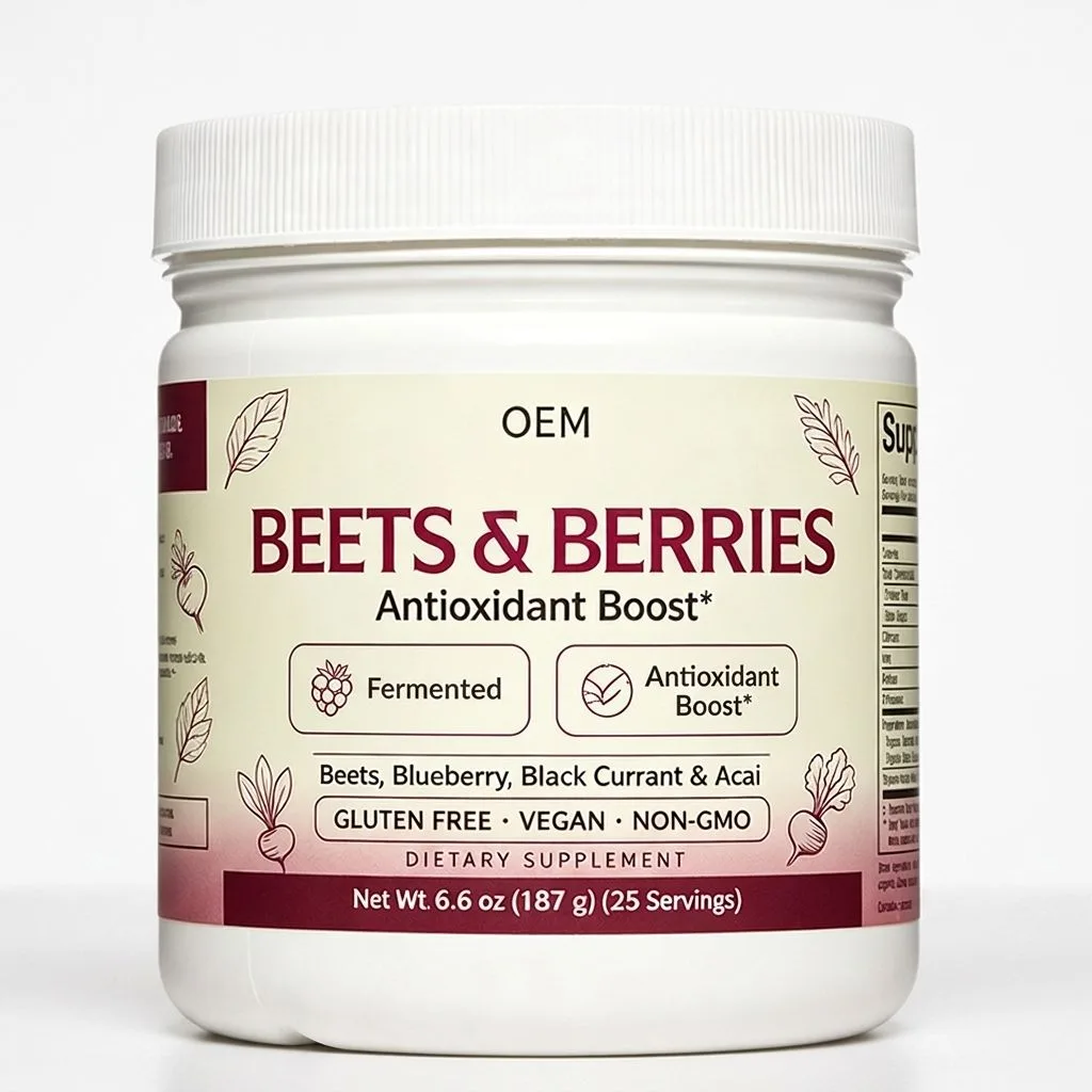 Fermented Beets and Berries Powder 25 Servings Net Wt 6.6oz 187g Gluten Free Vegan Non GMO OEM Supplement