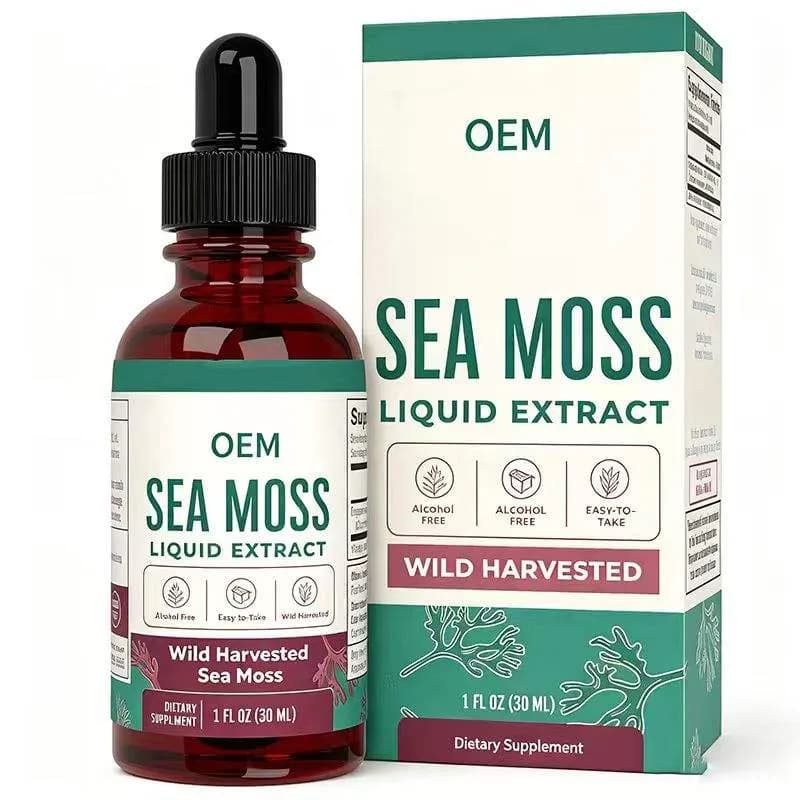 OEM Wild Harvested Alcohol Free Sea Moss Liquid Extract Drops 30ml 1oz Easy to Take Amber Glass Dropper Bottle