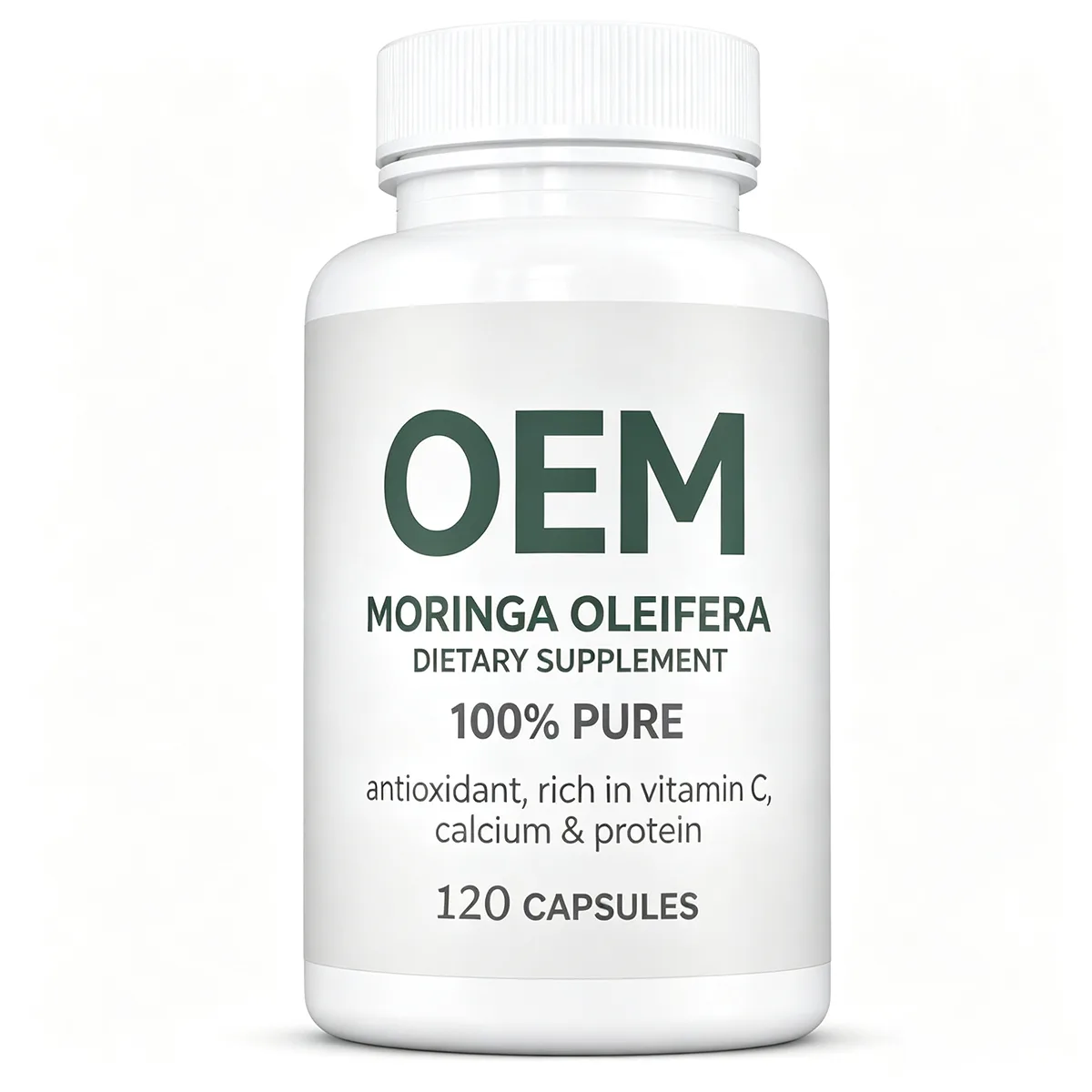 OEM 100% Pure Moringa Oleifera Capsules 120 Count Antioxidant Rich Vitamin C Calcium Protein Daily Wellness